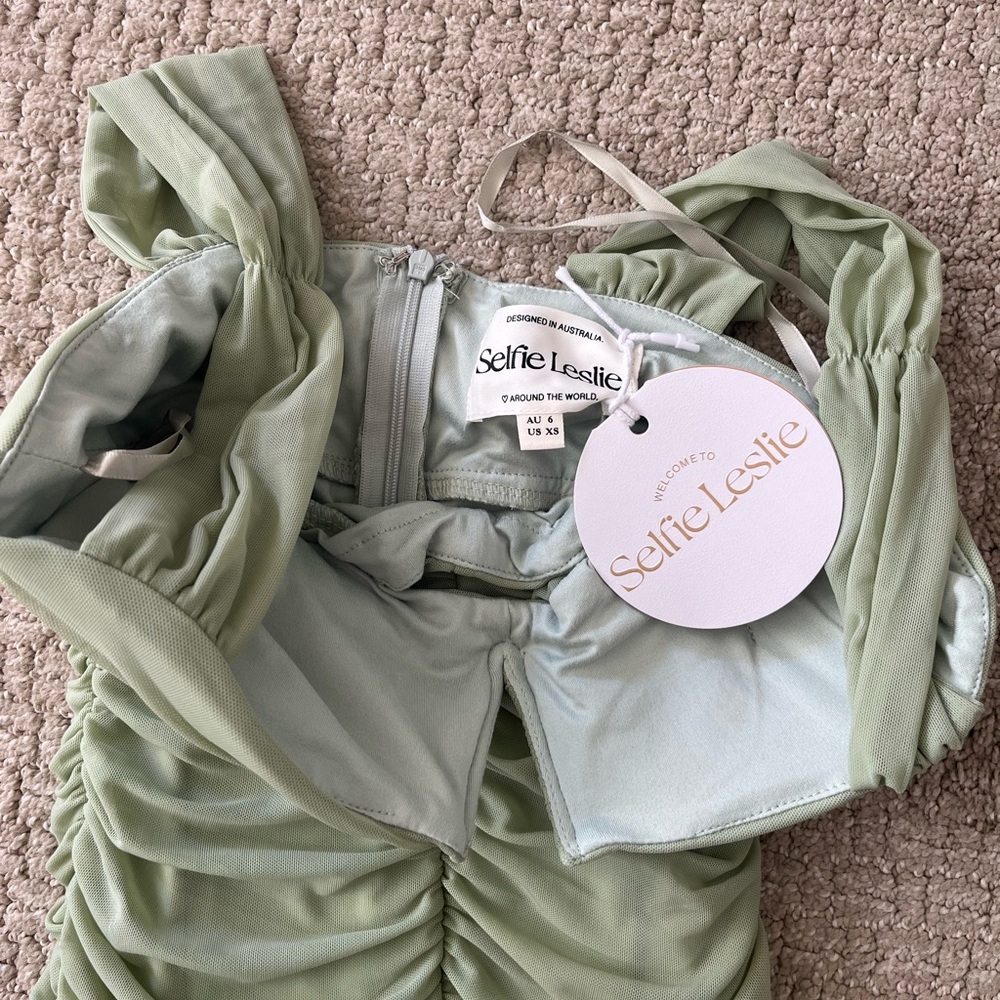 Selfie Leslie Sage Green Ruched Midi Dress - Picture 6 of 10